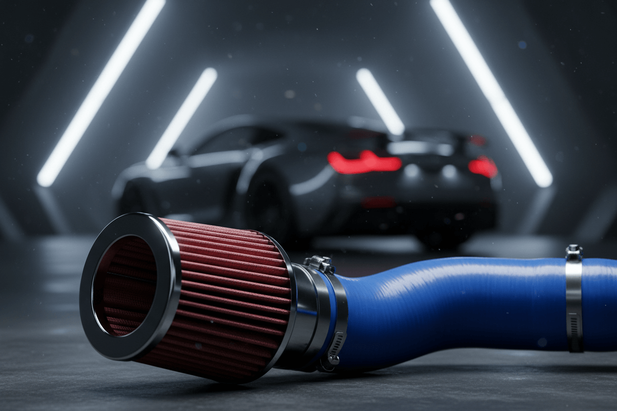 Furtune si filtre aer: filtre aer sport Ramair și furtune silicon admisie în prim-plan.