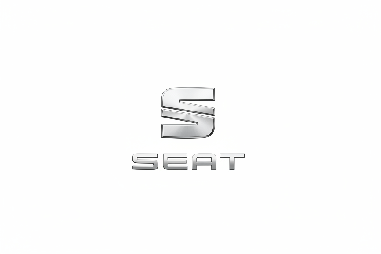 Logo Seat, simbolul brandului automobilelor Seat, în nuanțe metalice.