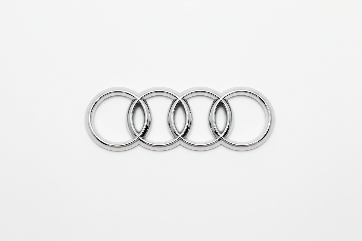 Emblema Audi cu patru cercuri perlate, simbol iconic al brandului Audi.