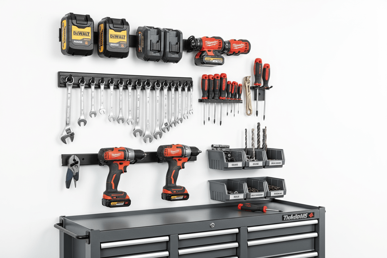 Suporturi baterii si scule organizate pe perete, incluzând unelte DeWalt și Milwaukee, ideale pentru depozitare eficientă.